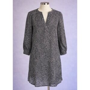 Banana Republic Womens 6P Petite Grey Paisley Split Neck Long Sleeve Shift Dress